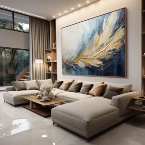 Quadro Decorativo Abstrato Pintura Azul e dourado Hall da Luxo Sala Quarto Casa