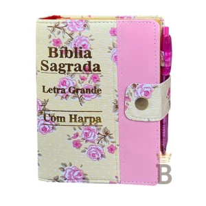 Bíblia Letra Grande C/harpa E Botão - Floral E Rosa